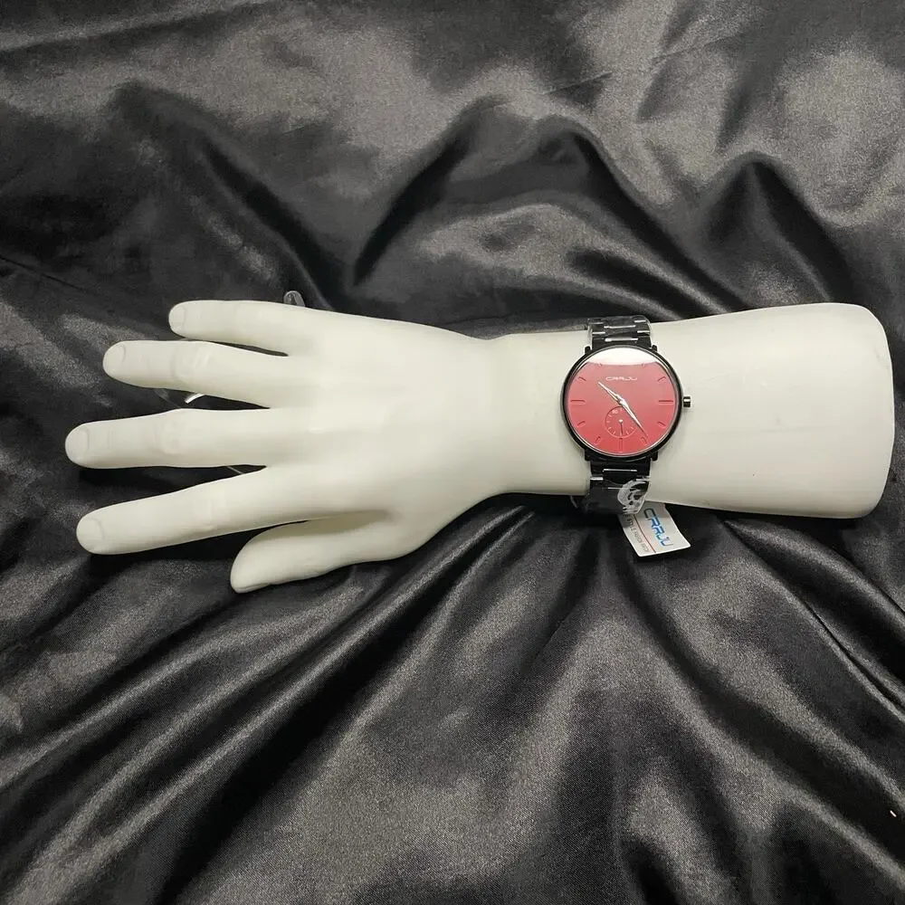 CRRJU Unisex Quartz Watch Red Dial SS Black Case Metal Bracelet 43mm 2150